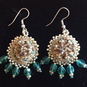Earrings. Hand woven, green crystals, seed beads.